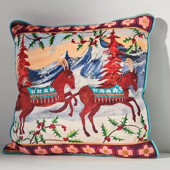 Anthropologie Raphael Balme Embroidered Velvet Pillow Festive Holiday